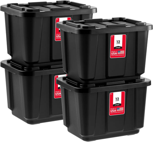 IRIS USA 12 Gallon Heavy Duty Truck Bed Toolbox Storage Tote Bins with Lids, 4 Pack - Made in USA, Tough Snap On Lockable Lid Stackable Industrial Rugged Tubs, Garage Organization Box - Black