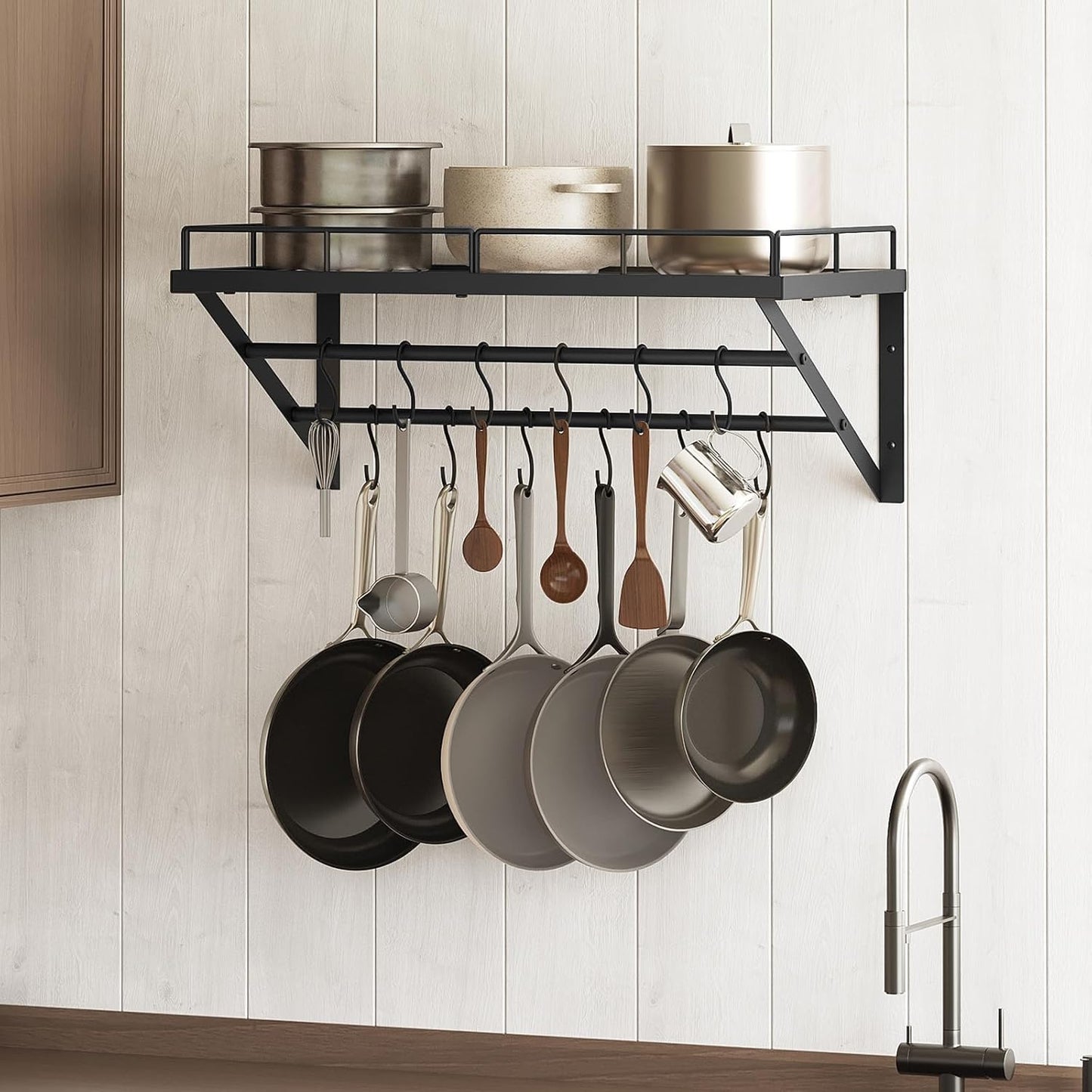 Wall Mounted Pot Rack, 23.8 Inch Pot and Pan Organizer with 2 Tier Hanging Rails, 12 S-Hooks, Metal Pot Rack for Kitchen Cookware Organizer, Space Saving, for Kitchen Utensils, Black PR01BK