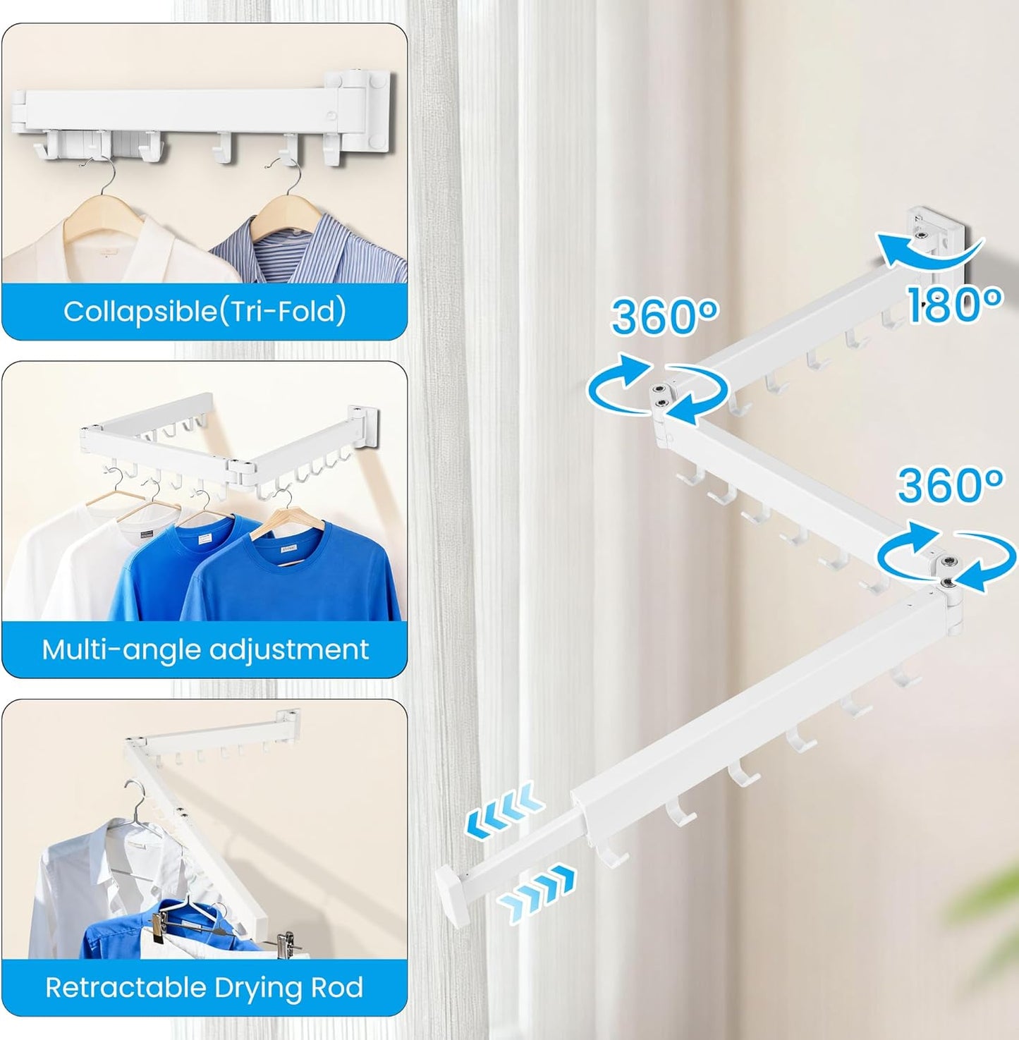 Clothes Drying Rack Wall Mounted, Retractable Collapsible(Tri-Fold) Space Saver, White with 18 Hooks for Laundry Room Organization Apartment Balcony Bathroom