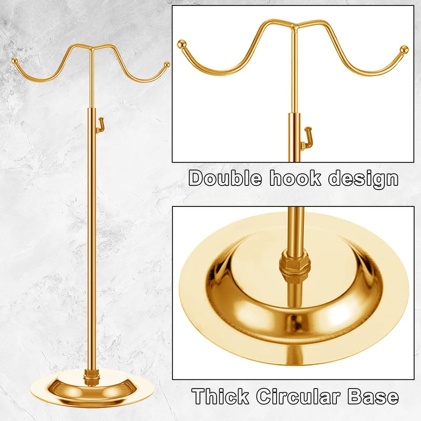 4 Pcs Purse Display Stand Adjustable Height Handbag Display Stand Metal Handbag Stand Holder Double Hook Purse Holder Stand for Home Store Boutique Counter, Gold