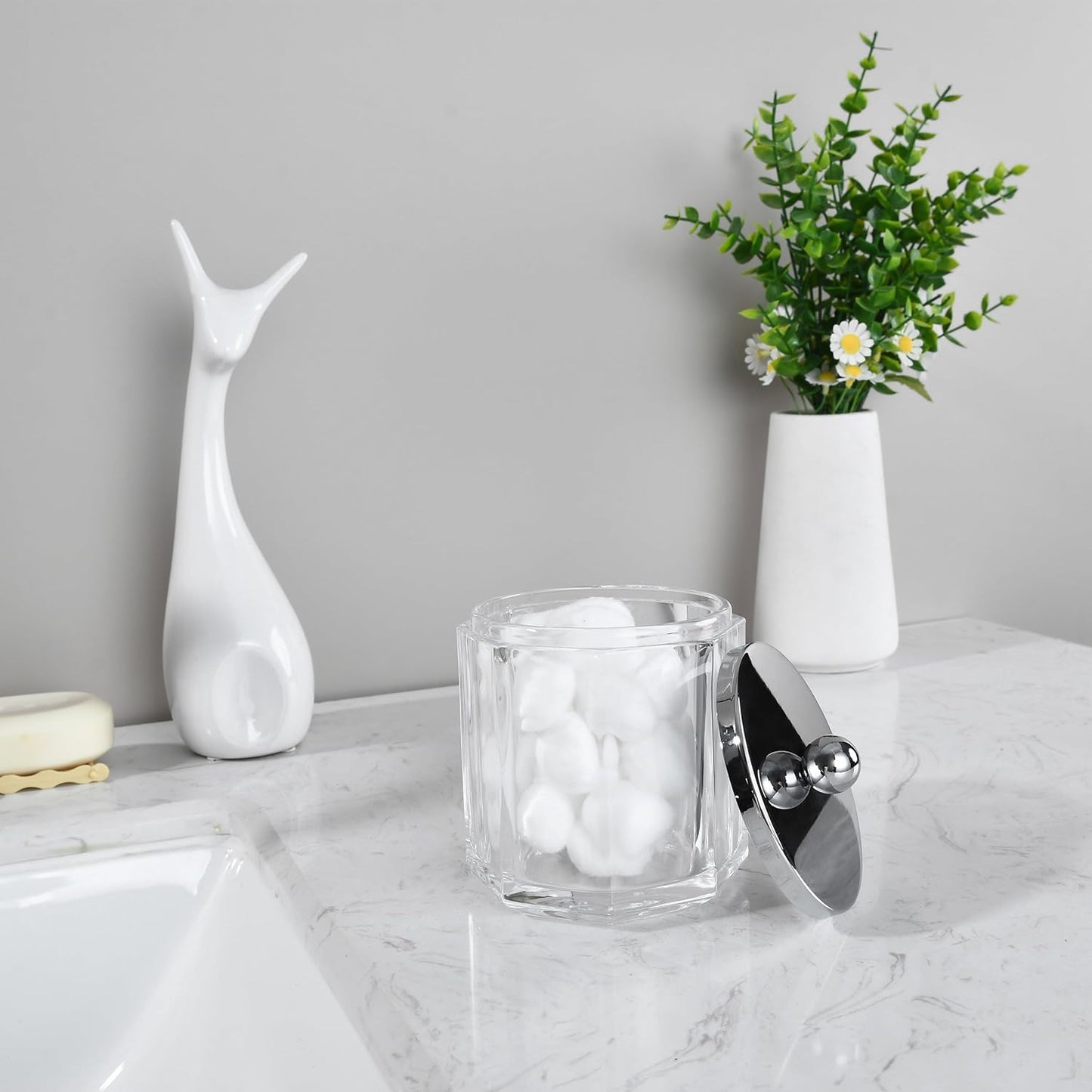 Clear Transparent Apothecary Octagional Shaped Glass Canister Jar With Silver/Chrome Metal Lid Cover for Bathroom Organization, Cotton Balls, Q Tips, and Small Accessories, Bath Storage