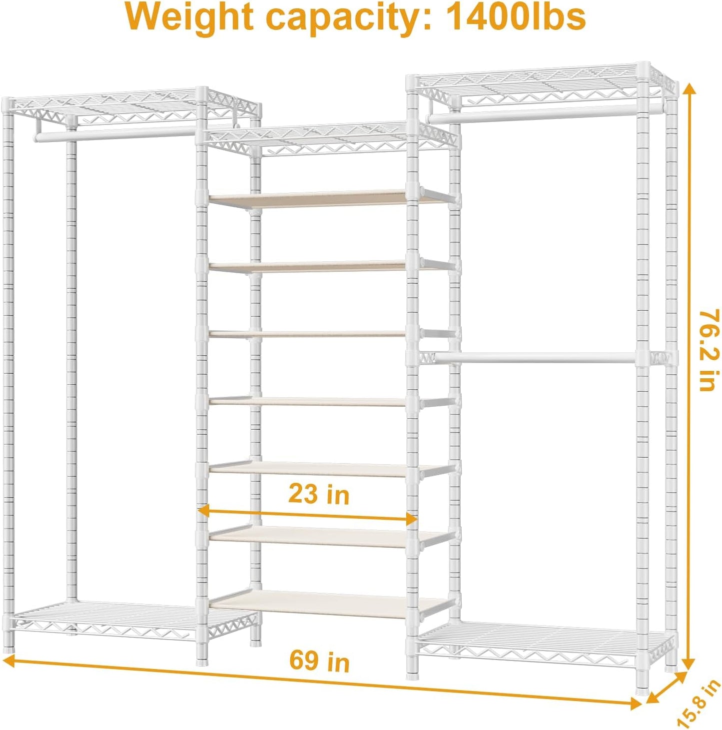E16 Heavy Duty Clothing Rack（With 7-Tier Adjustable Shoe Rack） Freestanding Clothes Rack for Hanging Clothes，Metal Closet Storage Organizer Large Wardrobe，69'' W x 15.8'' D x 76.2'' H，White