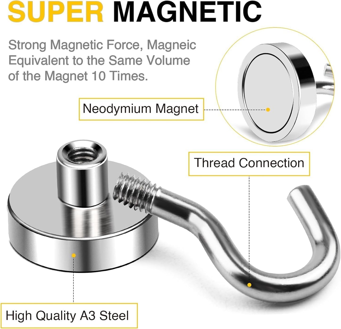 DIYMAG Strong Neodymium Magnetic Hooks, 170 Lbs Heavy Duty Rare Earth Magnets with Hook, Strong Corrosion Protection Facilitate Hook 12 Packs