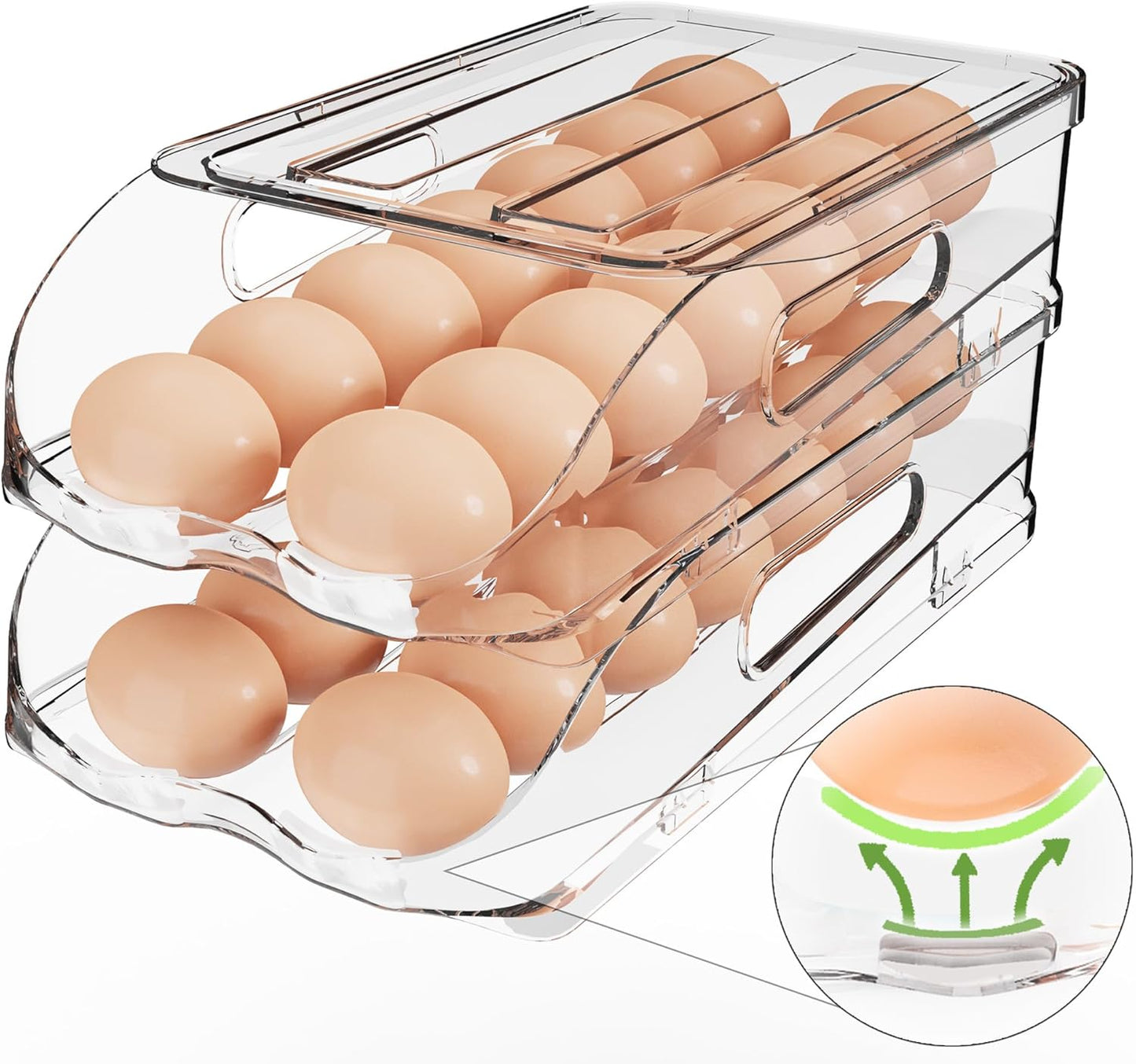 Egg Holder for Fridge, Automatic Steady Rolling Egg Dispenser with Silicone Bumpers & Handle for Refrigerator, Large Capacity Egg Organizer with Lid (2 Tier Holder 24 Eggs (M SIZE))