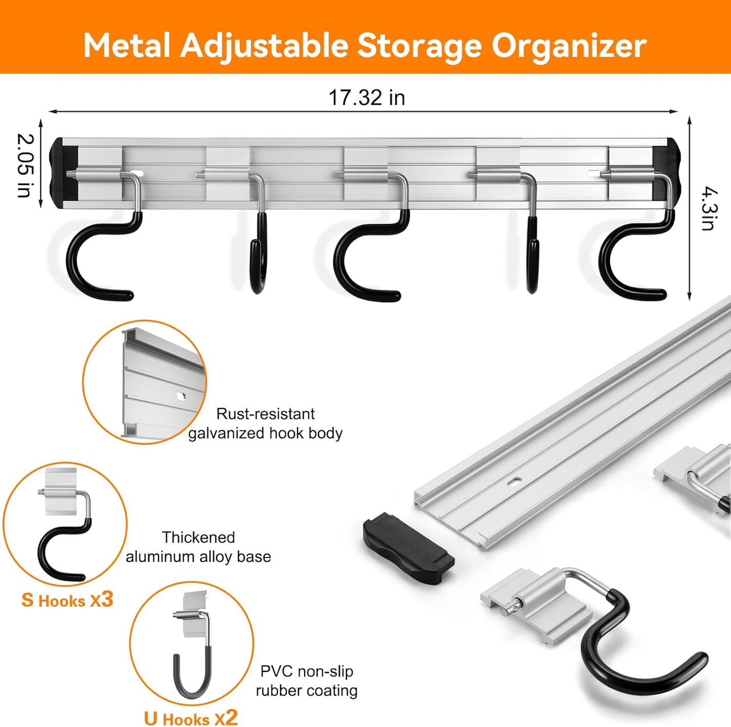 34.5'' Aluminum Alloy Garden Tool Organizer Wall Mount Garage Organizers and Storage with Hooks Tool Hangers for Shed Hooks for Shovel, Rake, Broom & More
