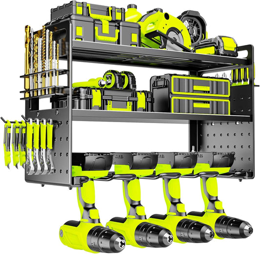 Power Tool Organizer Wall Mount, Drill Holder tool storage with Hooks & Screwdriver Organizer, Heavy Duty Iron 3 Layers Garage Storage Shelf for Workshop Shed Pegboard Basement(Black)