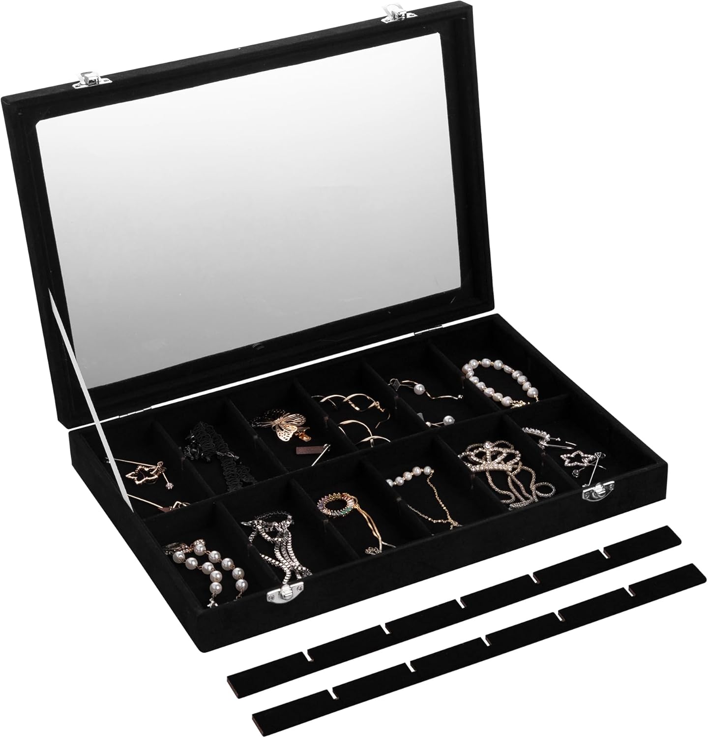 Frebeauty Velvet Jewelry Tray,24 Grid Jewelry Organizer with Clear Lid,Earring Holder Organizer with Clasp,Drawer Insert Rings Pendants Brooches,13.8 x 9.5 x 2 Inches,Gift for Women Girls(Black)