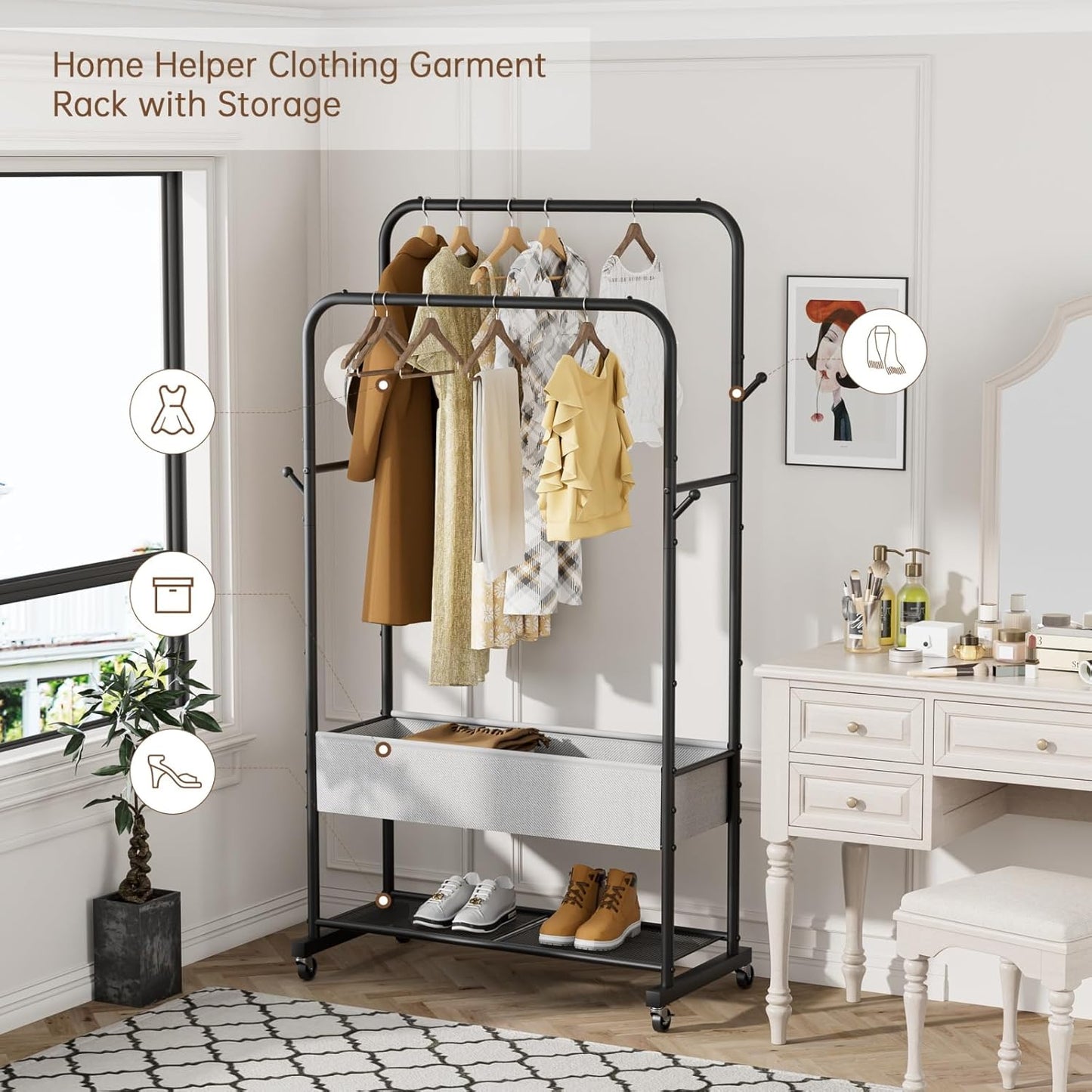 Clothes Garment Coat Rack Drying Clothing Racks Metal Freestanding for Hanging Clothes Portable Closet for Laundry Bedroom Black