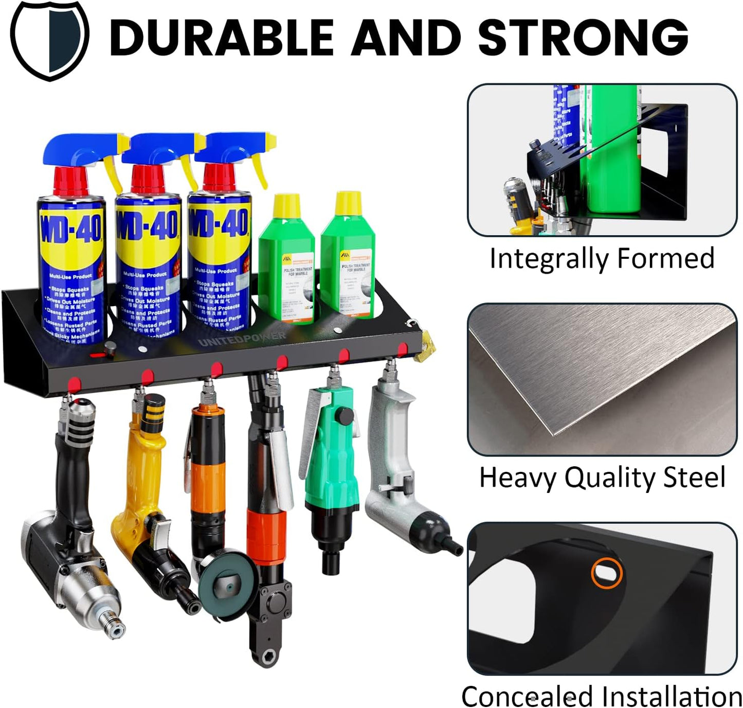UNITEDPOWER Pneumatic Tool Holder Lockable/Aerosol Rack Combo, Wall Mounted Spray Can Bottle Holder, Air tool organizer, for Garage and Workspace, 5 Cans and 6 slots