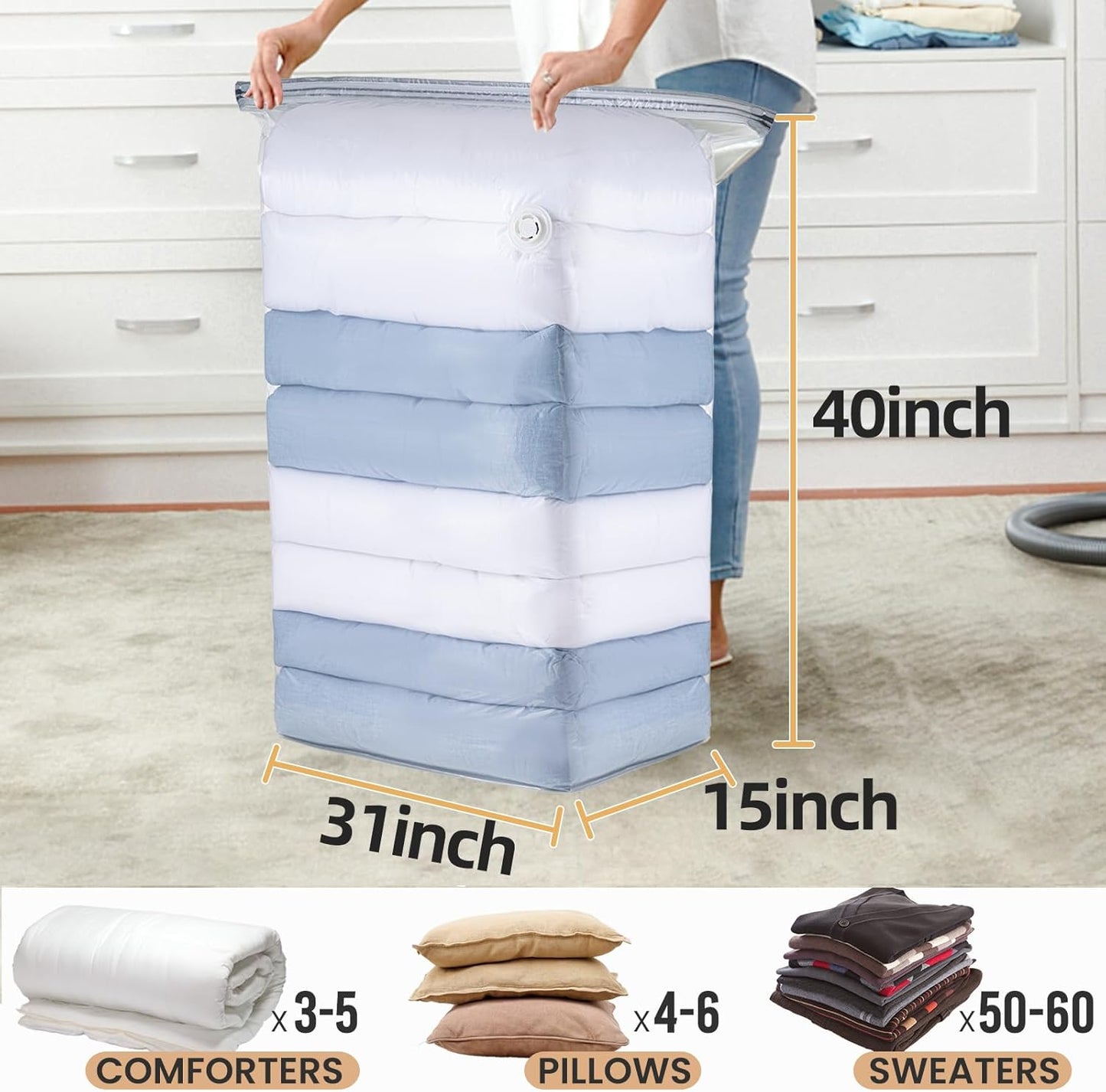 TAILI 8 Pack Vacuum Storage Bags, Jumbo Cube (31x40x15 Inch), Large Vacuum Seal Bags for Bedding, Comforters, Blankets, Clothing, Closet Space Saving, Clear