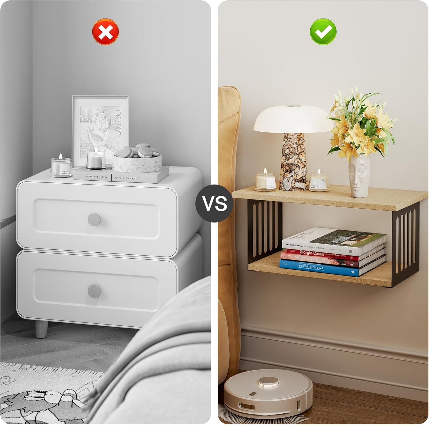 Floating Nightstand Set of 2, 2-Tier Floating Shelves Wall Mounted,Floating Bedside Table Wall Shelf,Display Wall Shelves for Bedroom,Living Room, Bathroom, Kitchen, Natural
