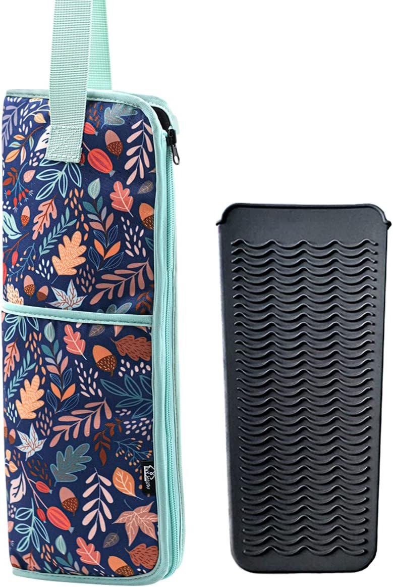 2 Pieces Hair Flat Iron Case Holder Canvas Bag Heat Resistant Curling Iron Silicone Straightener Holder Mat for Hair Tools Curling Iron Organizer Bag (Floral print)