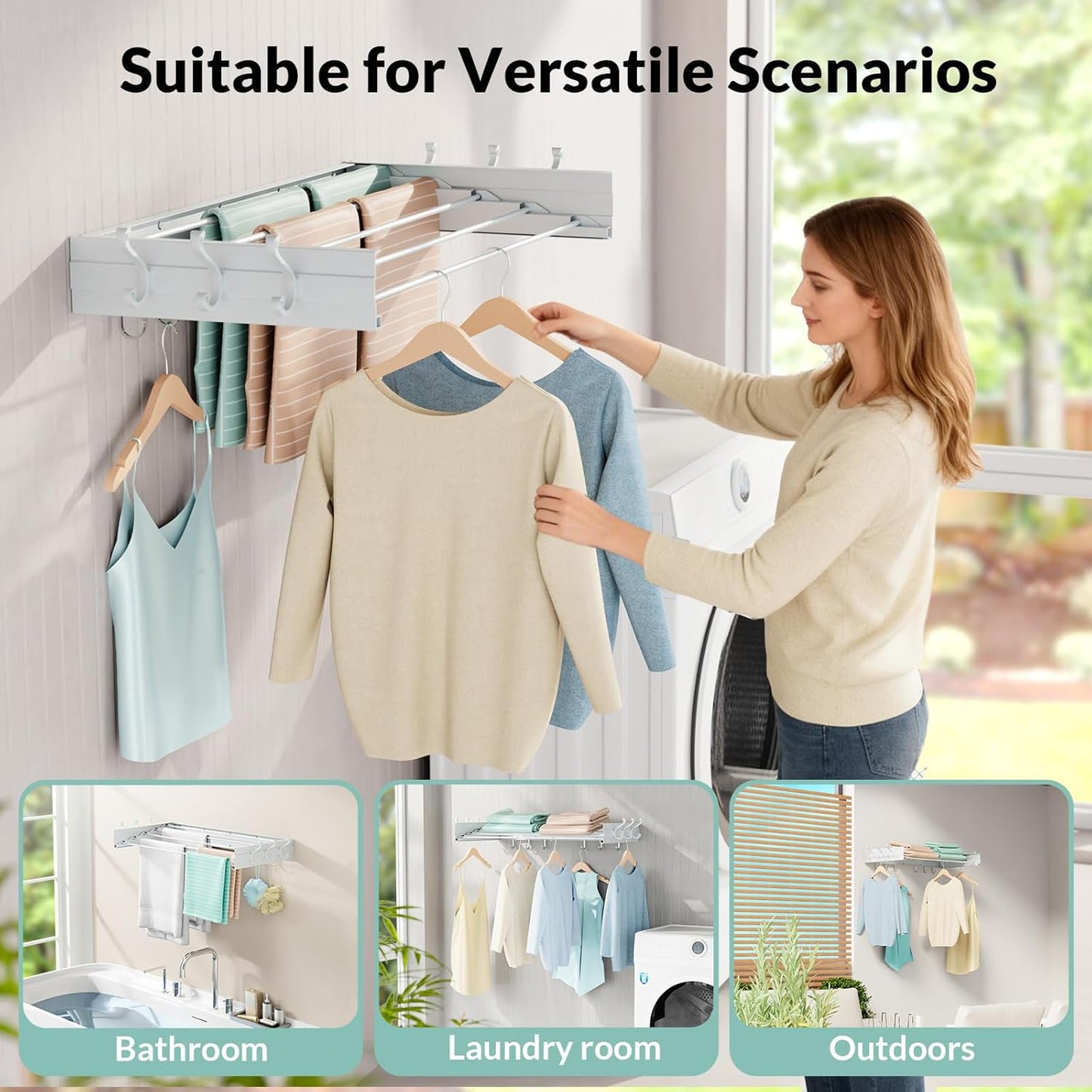 BAKON Wall Mounted Drying Rack, Indoor Outdoor Foldable Wall Mounted Clothes Drying Rack, Concealed Wall Drying Rack - Space Saving for Storage and Drying Clothes, 6 Hooks, 5 Poles (31.5"【Upgrade】)