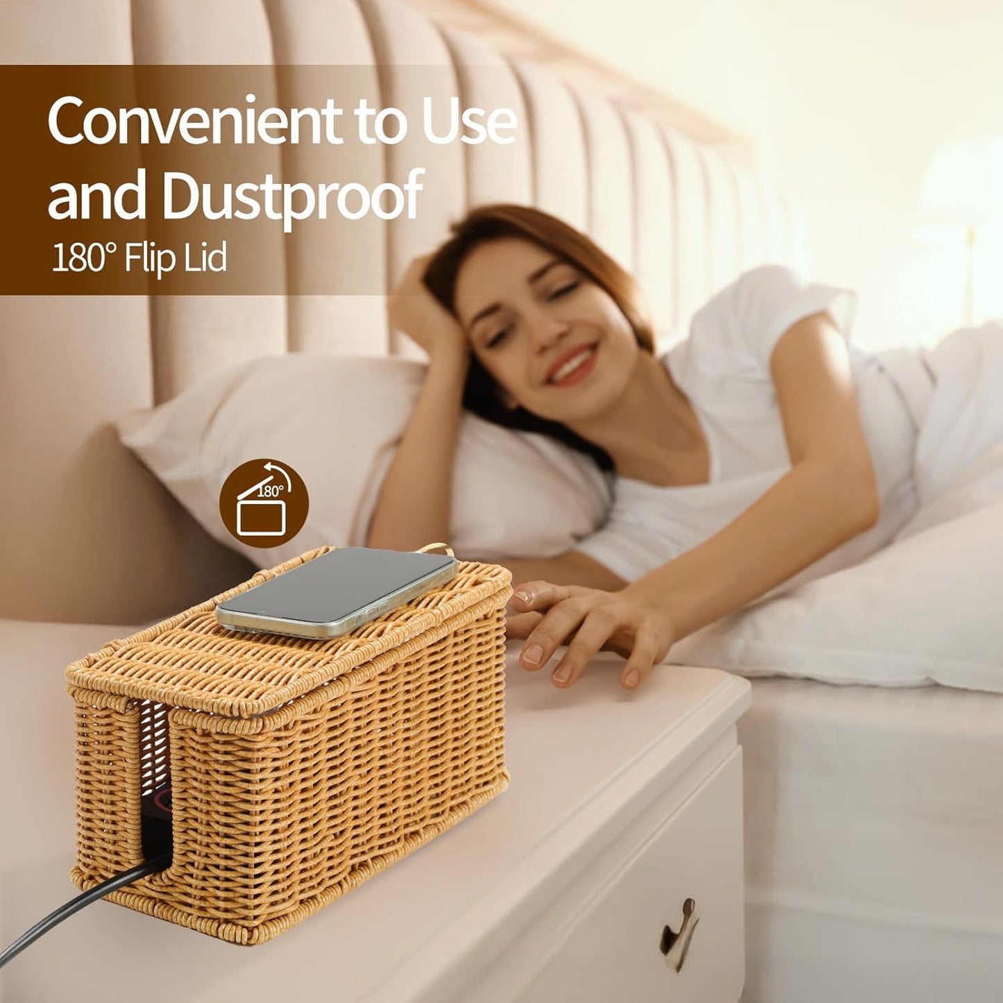 Delamu Handmade Rattan Small Cable Management Box, Cord Organizer with 2 Open Slots, Desk Cord Box Hider for Computer Router USB Hub Power Strip, 12.5" Lx 5.1" Wx 5.1" H, Natural