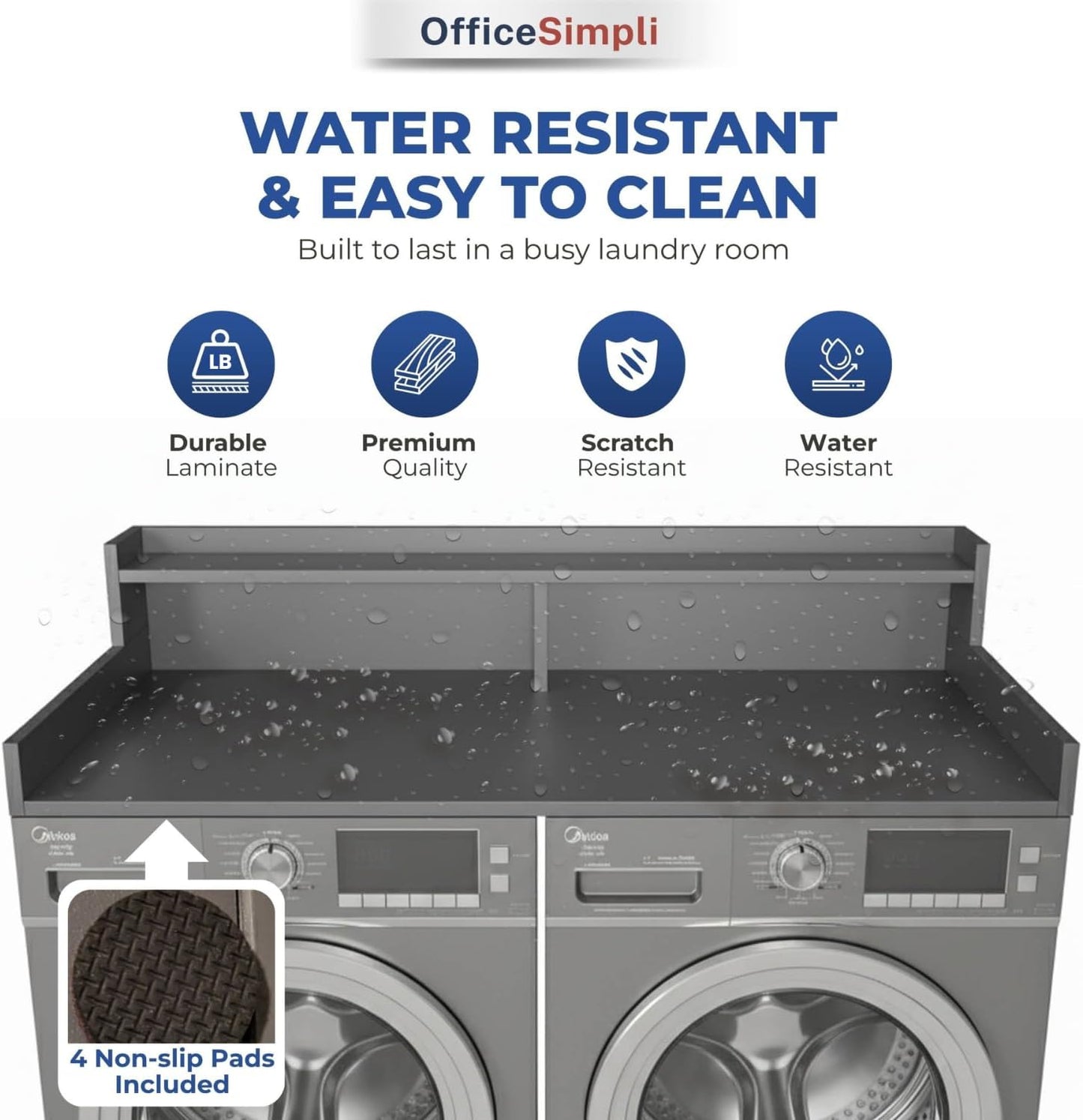 OfficeSimpli Washer Dryer Countertop with Shelf - 27.5 x 54 Inch - Made in USA Laundry Countertop Over Washer and Dryer with Non-Slip Pads, Storage Shelf, Laundry Topper Organizer, Slate Grey