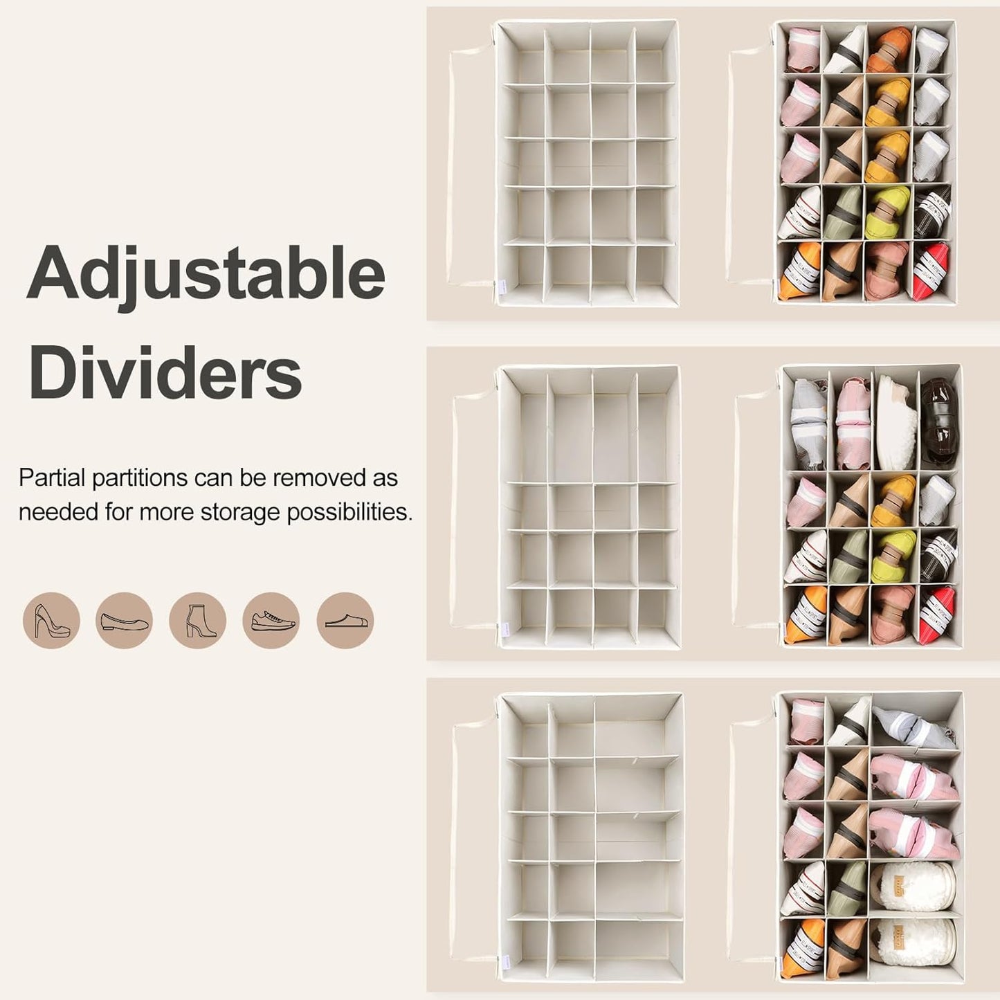 Shoe Organizer for Closet, Foldable Shoe Box with Adjustable Dividers and Clear Cover, Space Saving Shoe Storage Organizer Cabinet with Reinforced Handles, Fits 20 Pairs, Beige TP10Y