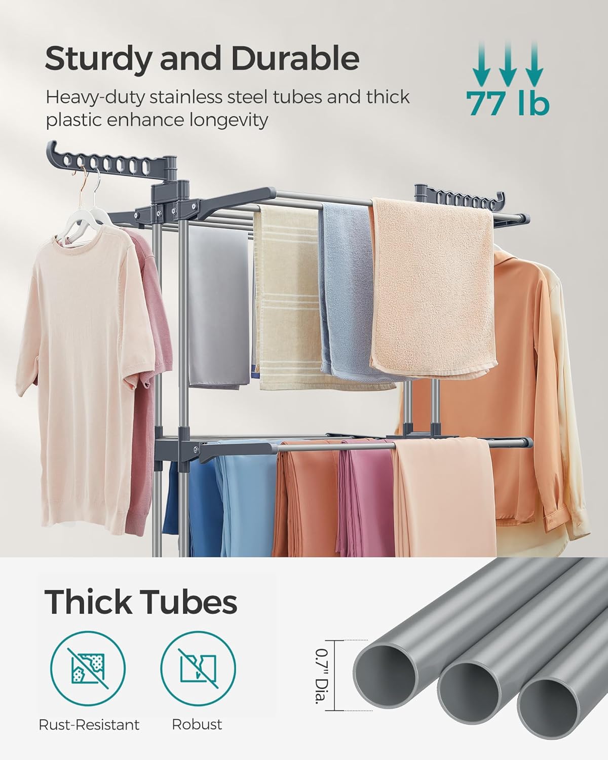 SONGMICS Clothes Drying Rack Stand 4-Tier, Foldable Laundry Drying Rack 68.1-Inch Tall, Steel, Rolling Clothes Horses Dryer Rack, Easy to Assemble, Indoor Outdoor Use, Dove Gray ULLR701G01