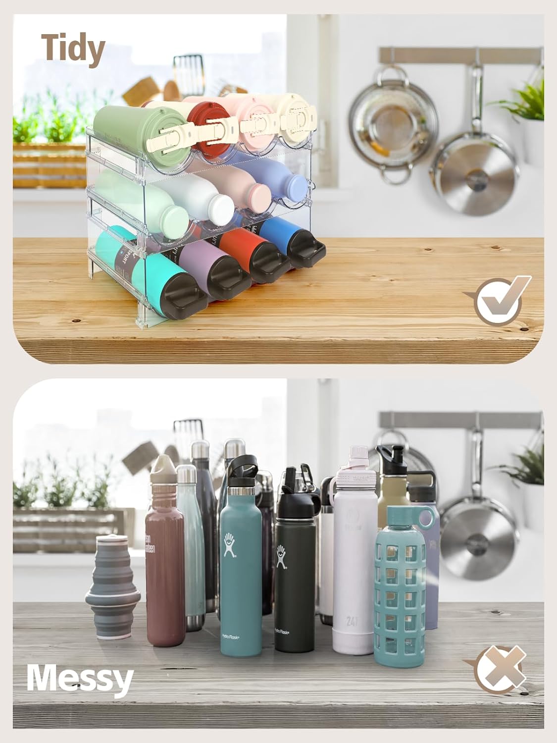 Water Bottle Organizer - 3 Pack Clear Stackable Bottle Storage Rack and Wine Rack for Stanley Yeti Bottle and Other Tumbler Organizer for Kitchen Cabinets, 3 Tier Hold 12
