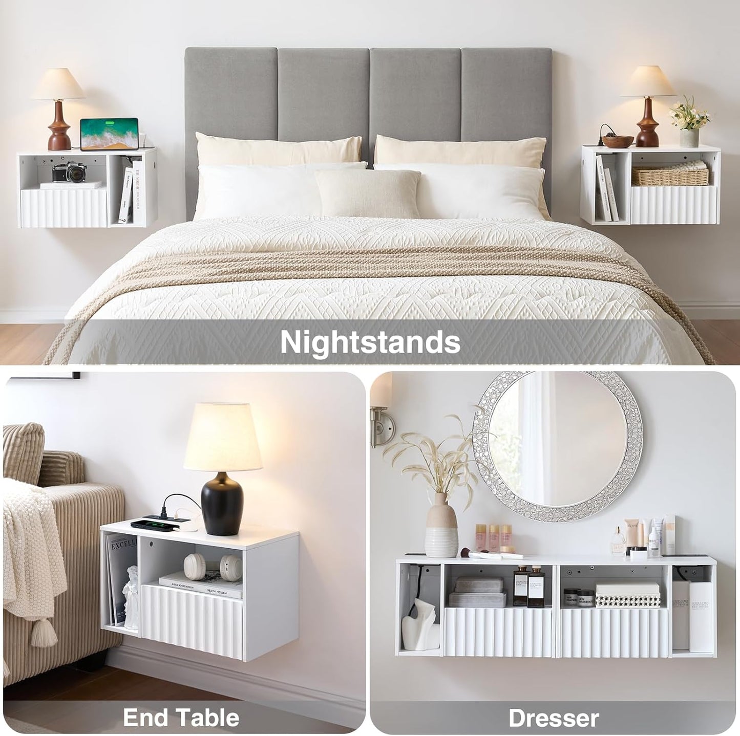 Modern Matte White Fluted Floating Nightstand with Charging Station, NightStand with Drawers, Bedside with USB Ports and Outlets, Bedroom Furniture(Left)
