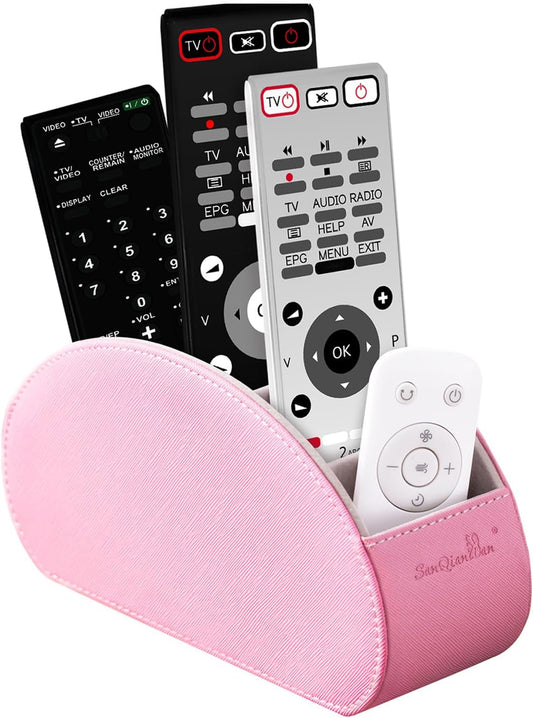 BONNY DODO Remote Control Holders Organizer Box with 5 Compartment PU Leather Multi-functional Office Desk Storage Caddy Store Tv Remote for Media Player,Brush,Pencil,Glassees&Office Supplies (Pink)