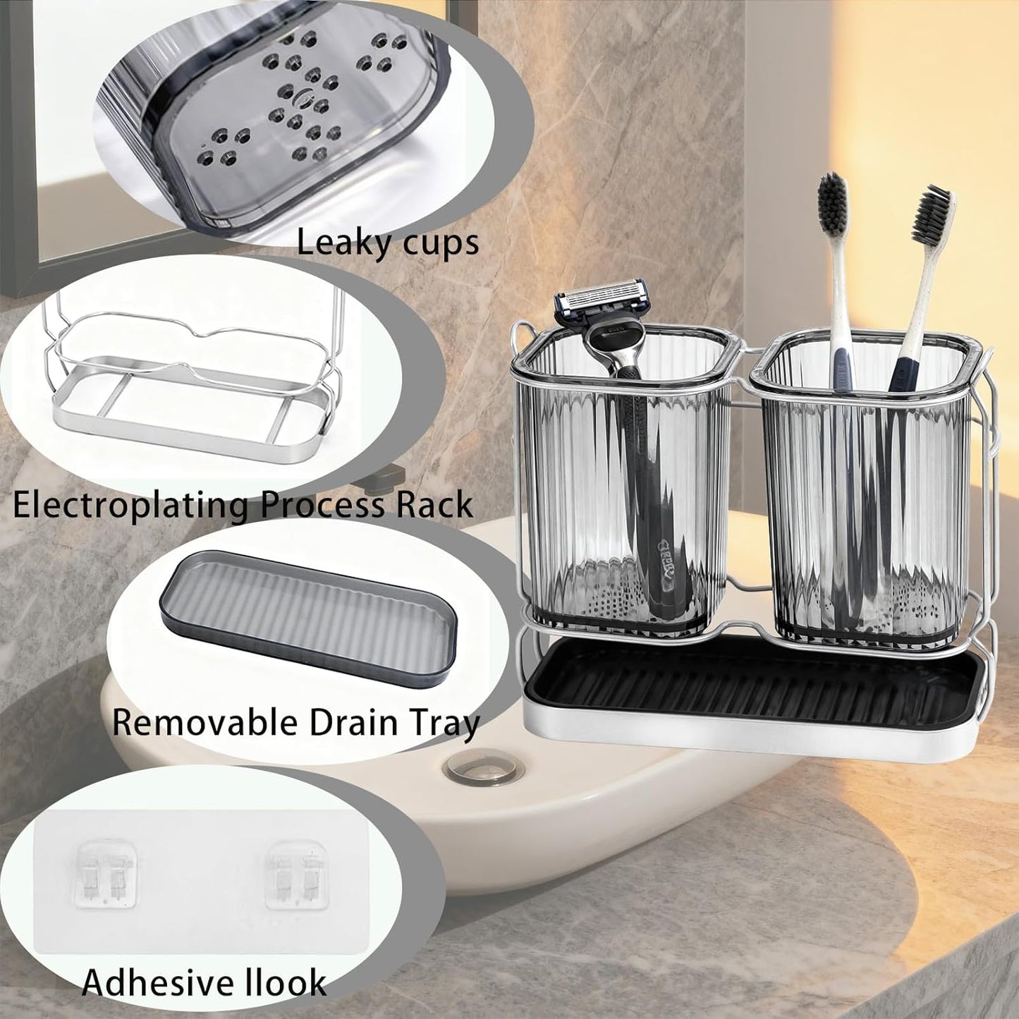 2-Pack Grey Toothbrush Holders, Wall Mounted or Countertop Toothbrush Holders with Drain Tray, All-in-One Bathroom Organizers and Storage for Toothpaste, Razors, Family & Kids (Grey)