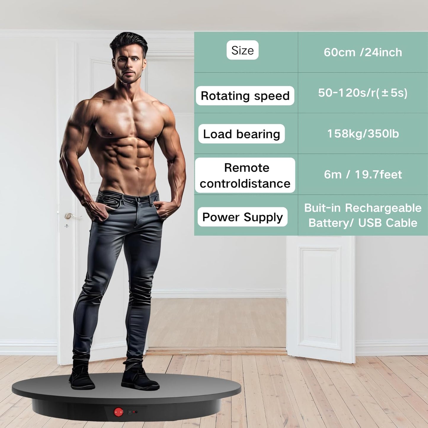 JAYEGT Motorized Rotating Display Stand,350Lbs Load,360 Degree Electric Rotating Turntable for Photography Products Display, Show,Remote Control +5 Colors Backgrounds (Black/23.6Inch/Rechargeable)