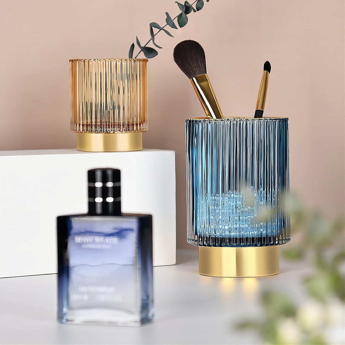 DASITON Makeup Brush holder Organizer,Crystal Cosmetic Makeup Brush Glass Brushes Storage Holder, Vintage Make Up Brush Cup Pen Pencil Holder striped vase(Blue S+L)