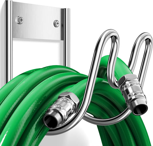 Stainless Steel Garden Hose Holder - Extra Large Heavy Duty Silver SS304 Wall Mounted Hanger for Water Hose, Extension Cords, Vacuum Lines, Anti-Rust