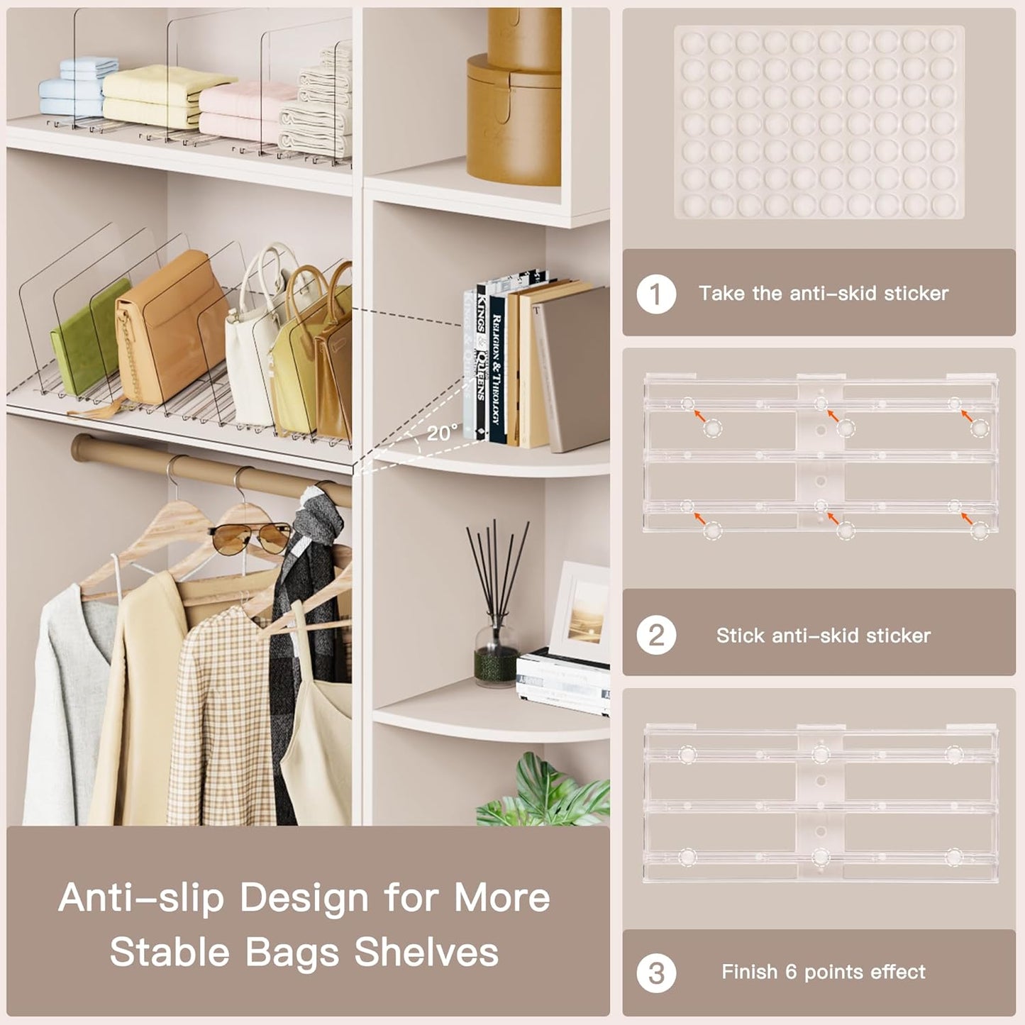 Criusia Adjustable Closet Purse Organizer Rack – 28.8" Extra-Long Shelf Divider with 12 Base Panels & 16 Dividers – Non-Slip Handbag Holder for Bags, Clothes, Kitchen, Office
