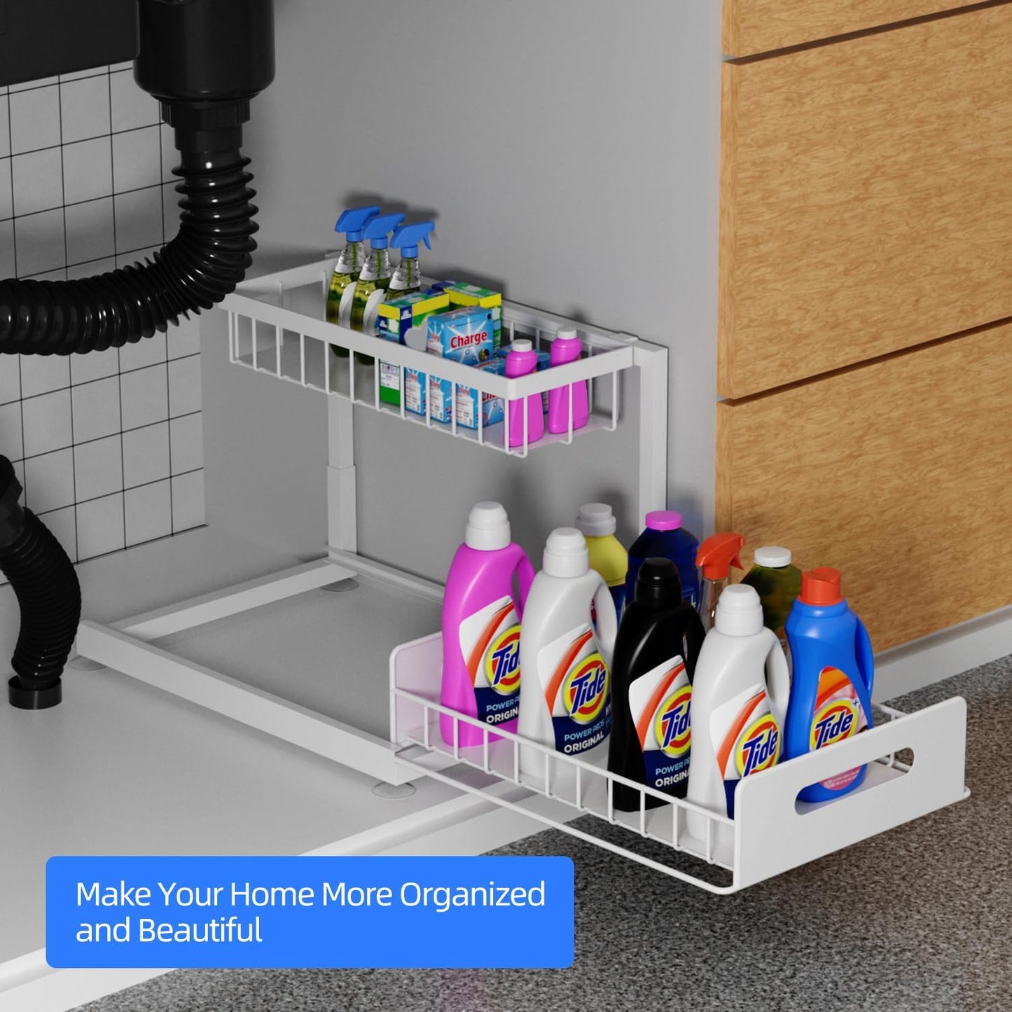 2-Tier Under Sink Slide Out Organizer, Pull Out Cabinet Storage Shelf with Sliding Wire Basket Drawer for Bathroom Kitchen, Countertop or Pantry Shelf, White
