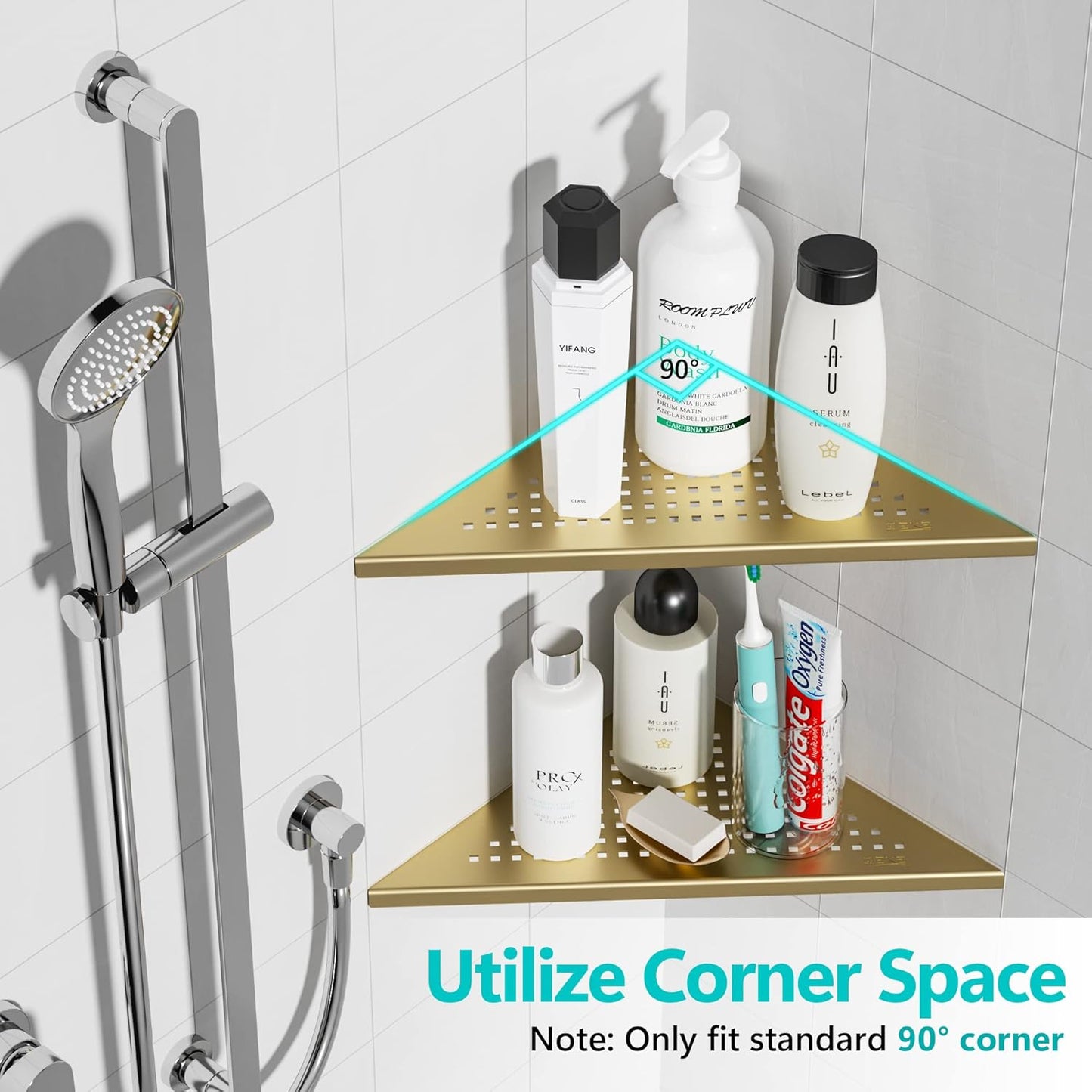 Corner Shower Shelves, 10” Recessed Tile Shower Shelf Brushed Golden, 304 Stainless Steel Grout in Corner Tile Shower Shelves, No Drilling, 2 Pack