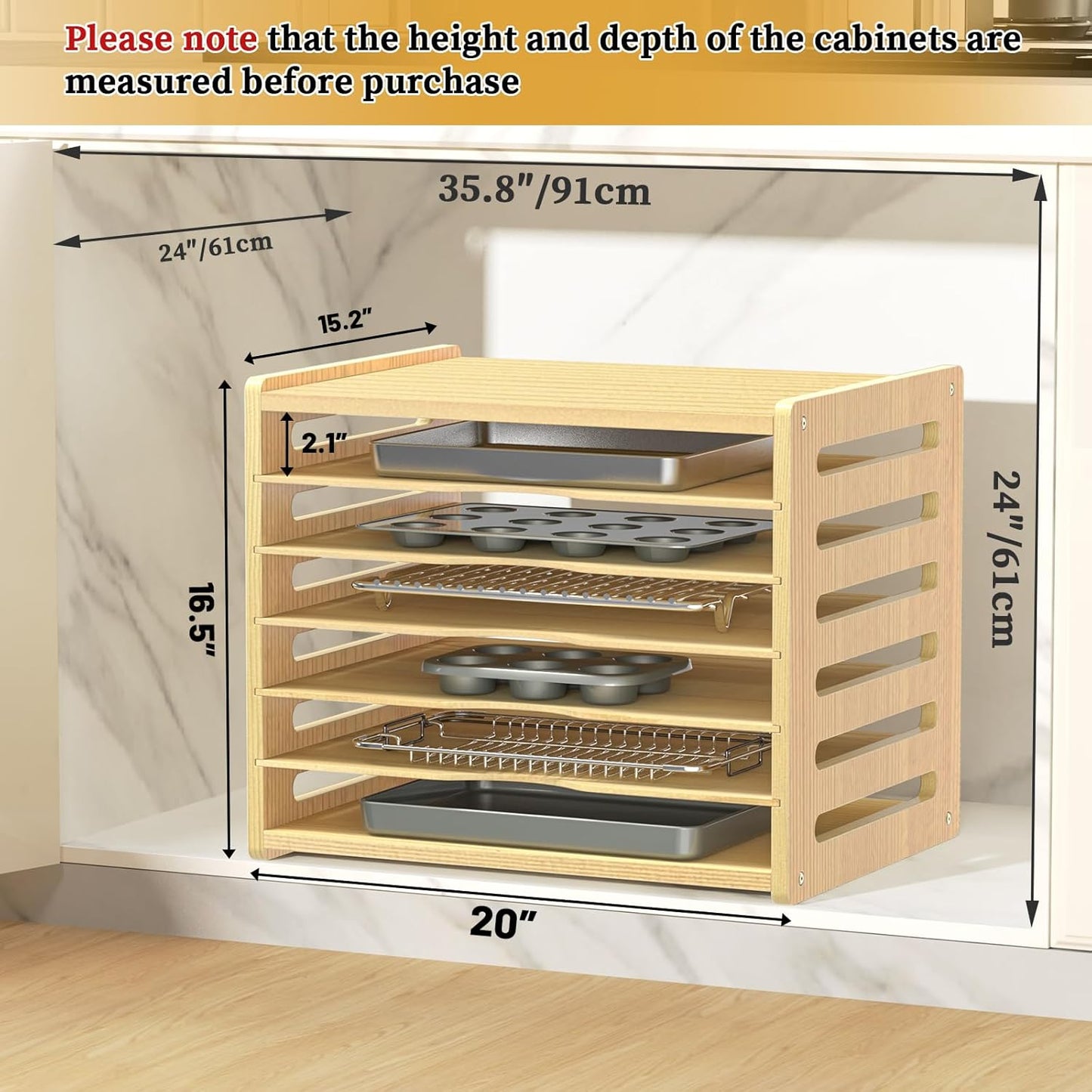 7 Tier Large Size Wooden Tray Dividers for Cabinet, Kitchen Cabinet Tray Divider for Pans, Storing pans, Baking trays, Cutting Board