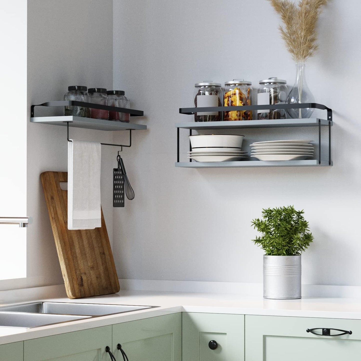 RICHER HOUSE 2+1 Tier Wall Mounted Floating Shelves Set of 2, Rustic Wood Wall Shelf with Metal Frame, Extra Storage Rack for Bathroom, Kitchen, Bedroom with Tissue Rack & Towel Bar - White Gold
