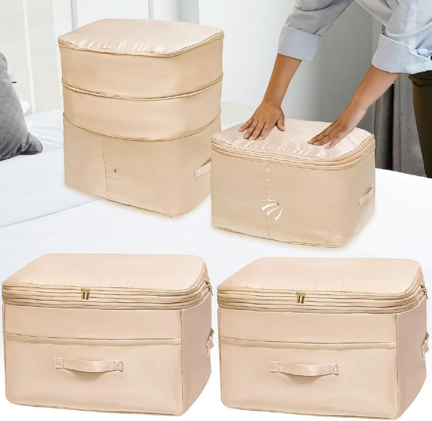 Ultra Space Saving Self Compression Organizers, 2 Pack Double Zipper Compression Packing Cubes for Bedding, Comforter Storage Bag for Blankets Duvet Quilts Pillows Queen King (Beige, X-Large)