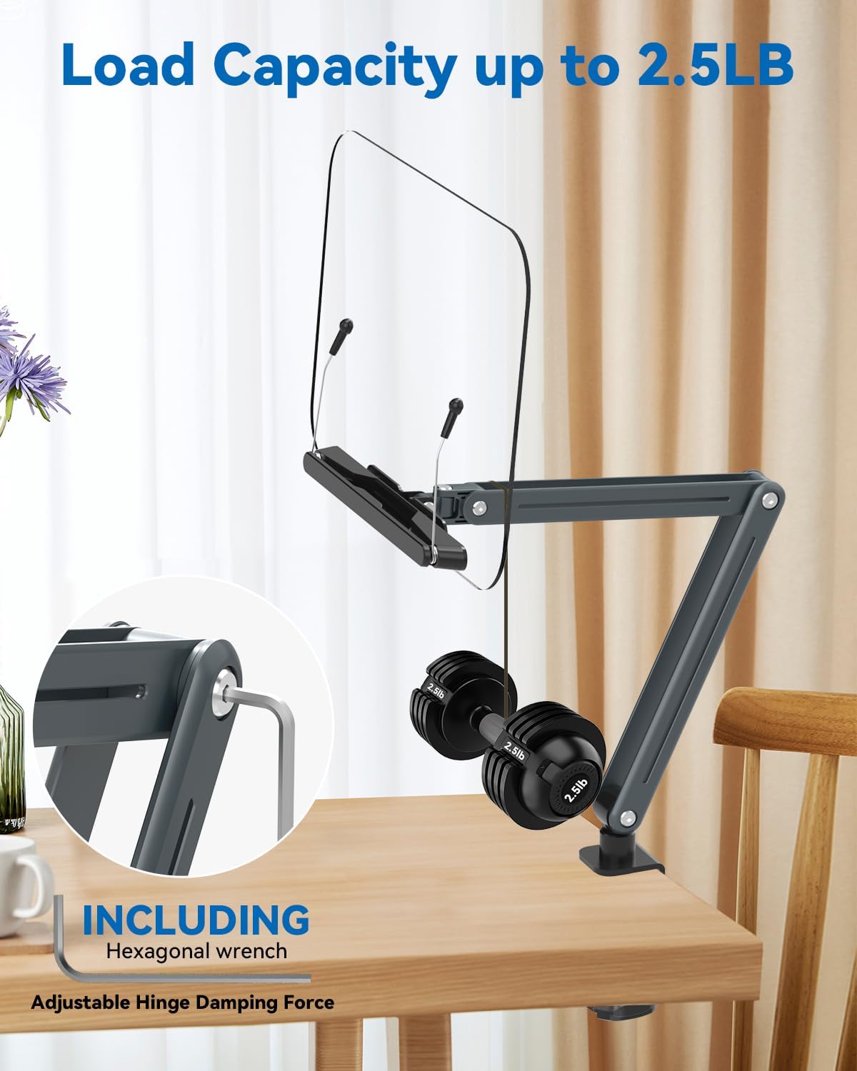 Desk Clamp Acrylic Book Stand for Reading, Ergonomic Design Adjustable Height up to 20 inches with Rotating Bases Cookbook Stand, Suitable for Recipe, Sheet Music, Tablet(Gray)