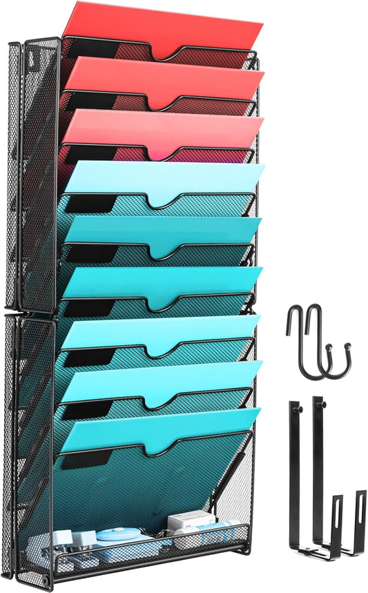 GALASALA Wall File Organizer, 10 Pockets Mesh Hanging File Organizer, Wall Mount File Holder With Hooks, Wall Organizer Magazine Rack for Office Supplies, Black