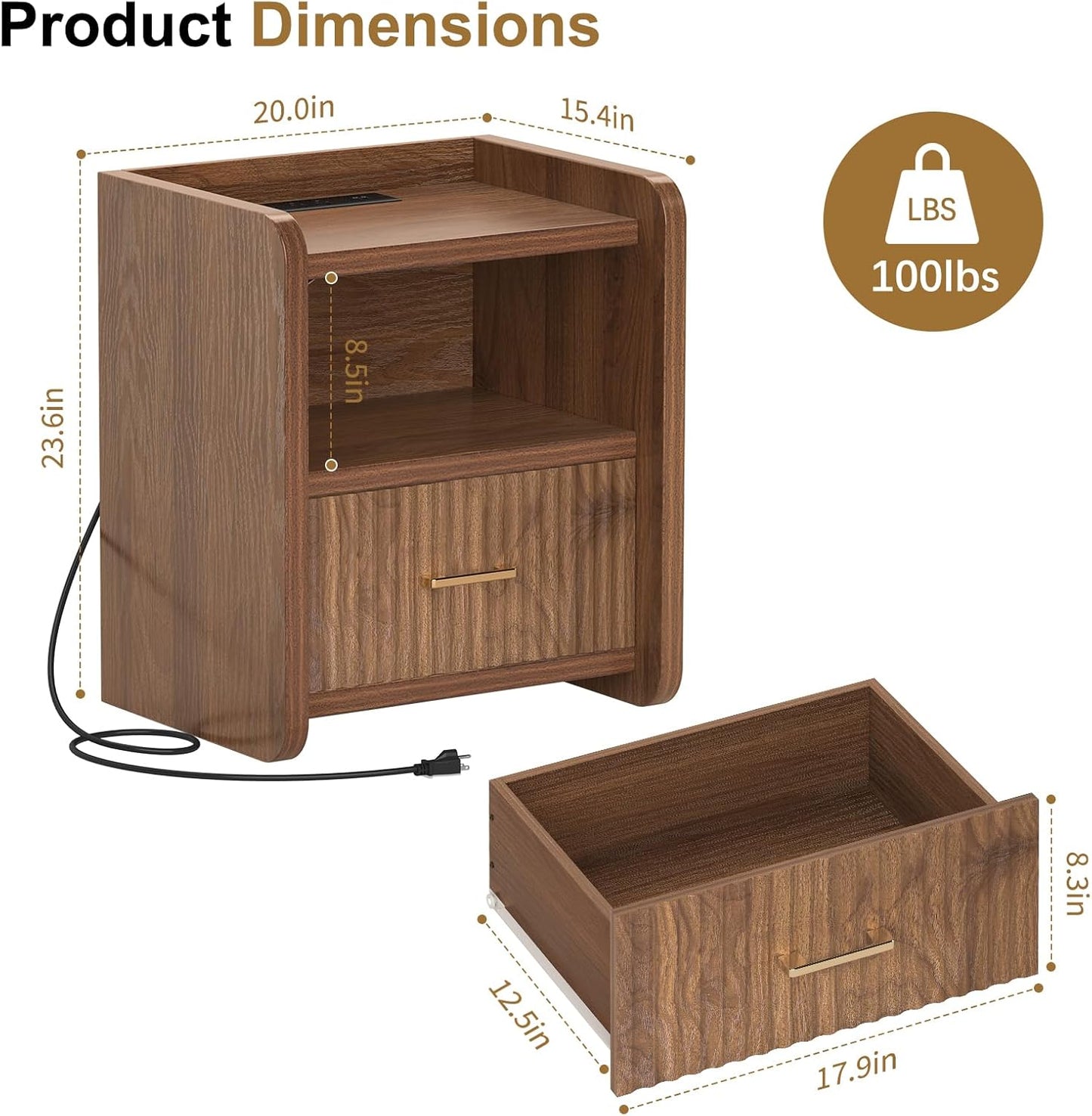 Night Stand with Charger Station, Fluted Wood Nightstand with Drawer Storage, Modern Bedside Table, Wide Nightstands for Bedroom, Mid Century Wooden Night Stands for Home Office Sofa Couch