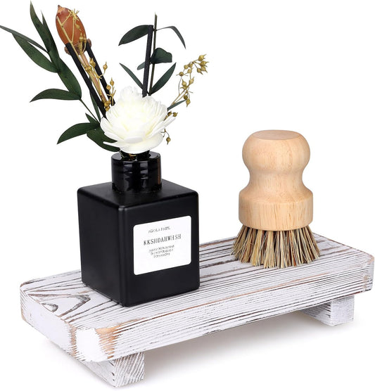 Bathroom Counter Organizer Wooden Display Stand White Pedestal Stand Kitchen Countertop Trays Decoration Small Wood Riser Dish Soap Dispenser Holder for Bathroom Decor Sink Accessories Vanity Tray