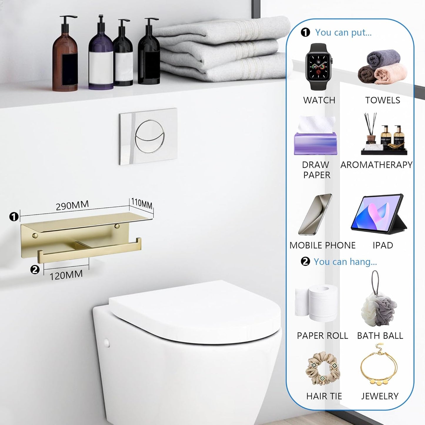 LANC Double Toilet Paper Holder with Shelf, Brushed Gold Commercial Roll Tissue Dispenser with Phone Shelf for Bathroom Wall Mounted or 3M Self-Adhesive Stainless Steel Storage, A8377BG