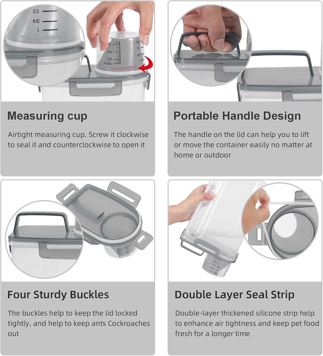 3-5Lbs Airtight Small Cat Dog Pet Food Storage Containers BPA Free, with Large Pour Spout/1 Measuring Cup/ 4 Safety Locks and Double-layer Silicone Strip (Clear Grey 2Pack)