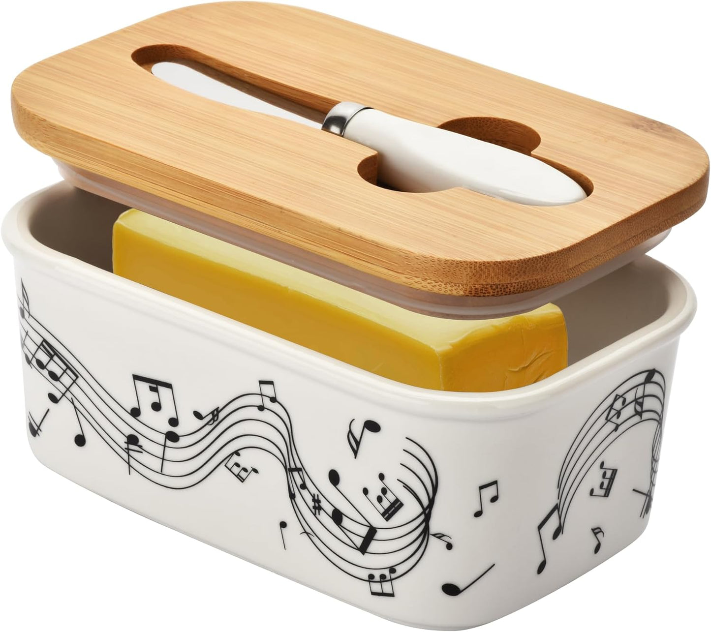 Cute Flamingos Large Butter Dish with Lid for Countertop,Ceramic Covered Butter Holder with Knife for Fridge, Airtight Butter Keeper Container Storage for East West Coast Butter,White