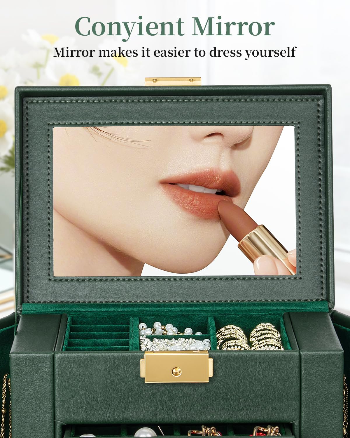 TORIBIO Jewelry Box for Women, Leather Jewelry Organizer with Mirror & Lock, 4-Tier Jewelry Storage Organizer with 3 Drawers for Girls/Women/Mothers, Necklace Earring Bracelets Holder Organizer