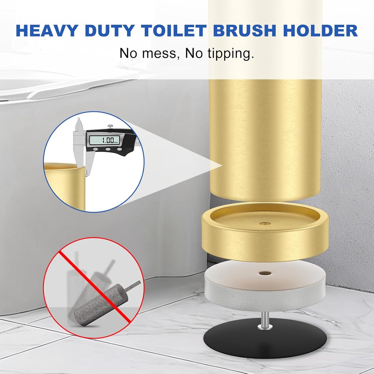 Toilet Brush and Holder Set: 304 Stainless Steel Brushed Gold Toilet Bowl Brush and Holder with Removable Inner Bowl and Splash Protection, Heavy Duty Long Handle Bathroom Cleaning Tool