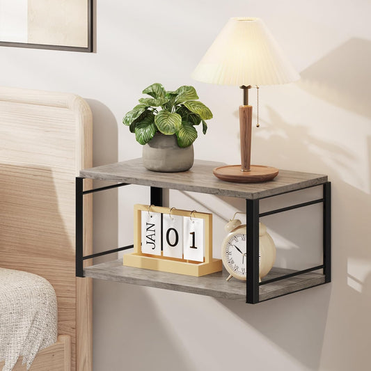 Floating Nightstand, Wood Bedside Shelf Wall Mounted Nightstand, Floating Bedside Table Wall Shelf for Bedroom, Living Room, Bathroom, Kitchen, Office (Vintage Gray)