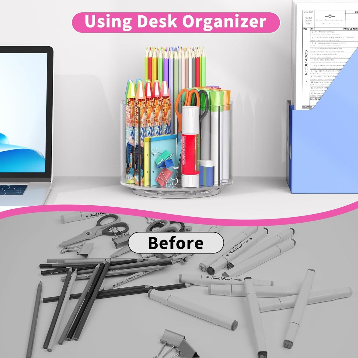 Small Pencil Organizer for Desk Acrylic 4 Compartments, Tiny Rotating Art Supply Organizer Kids, Spinning Round Marker Small Clear Desktop Caddy Swivel Office Pen Pencil Holder