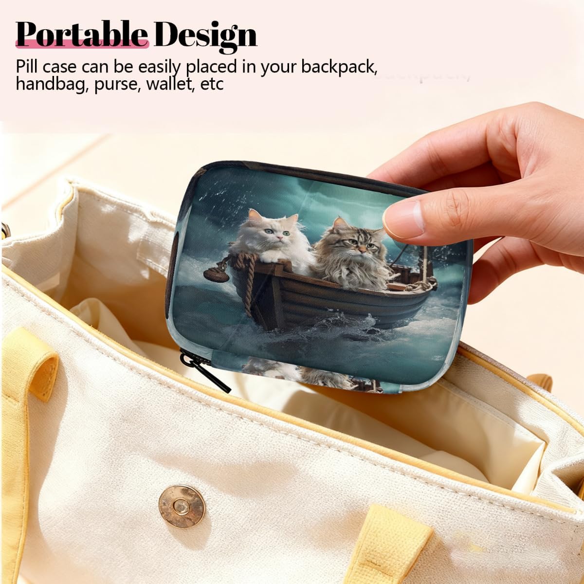 Funny Cats Wooden Boat Pill Organizer Travel Medicine Case with Zipper Daily Vitamin Storage Bag Portable 8 Slot Weekly Pill Box Supplement Holder for Home Office Gym Travel