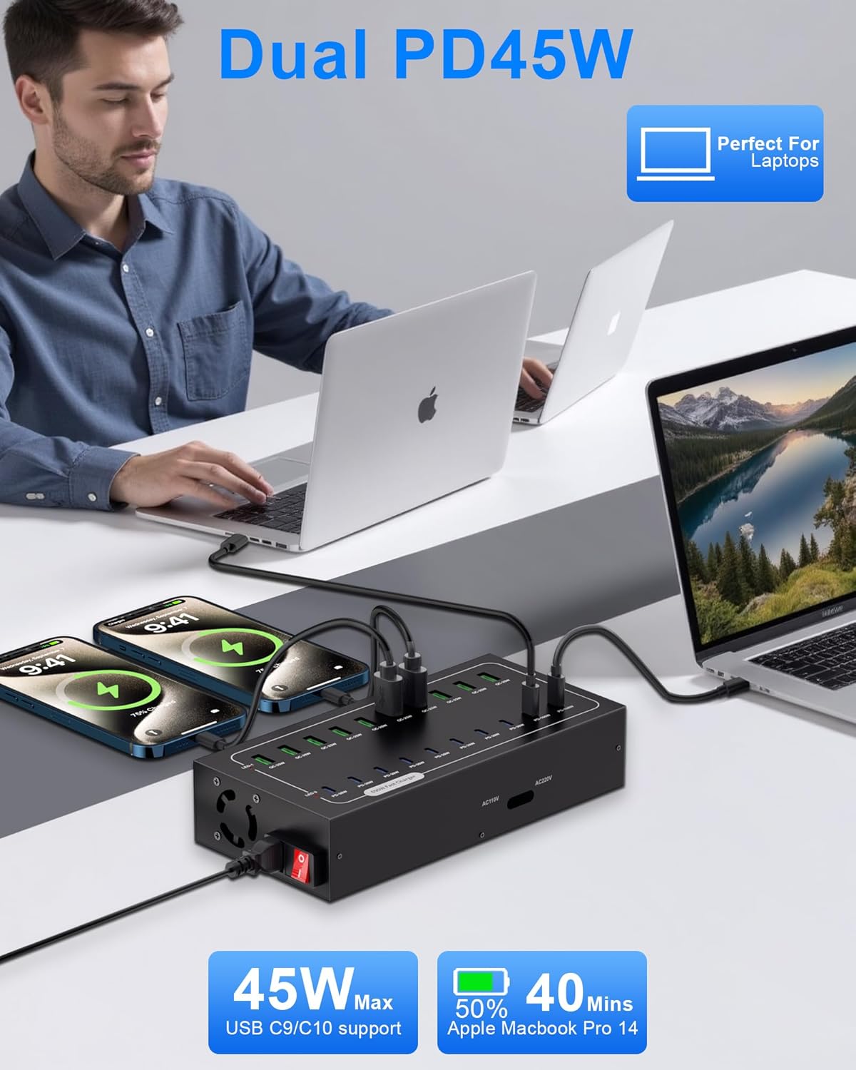 580W USB Charging Station, 20 Port Fast Charging Station for Multiple Devices, Dual PD 45W USB C Charger Block, Smart Power Delivery & Multi Protection for Laptop MacBook iPhone, iPad, Tablet