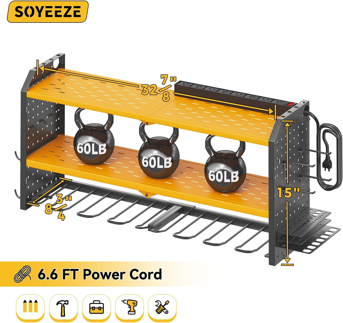 SOYEEZE Large Power Tool Organizer Wall Mount with Charging Station, 3 Layer Heavy Duty Metal Tool Storage Rack with 8 Drill Holder, Tool Holder Built in 8 Outlet Power Strip (Yellow)