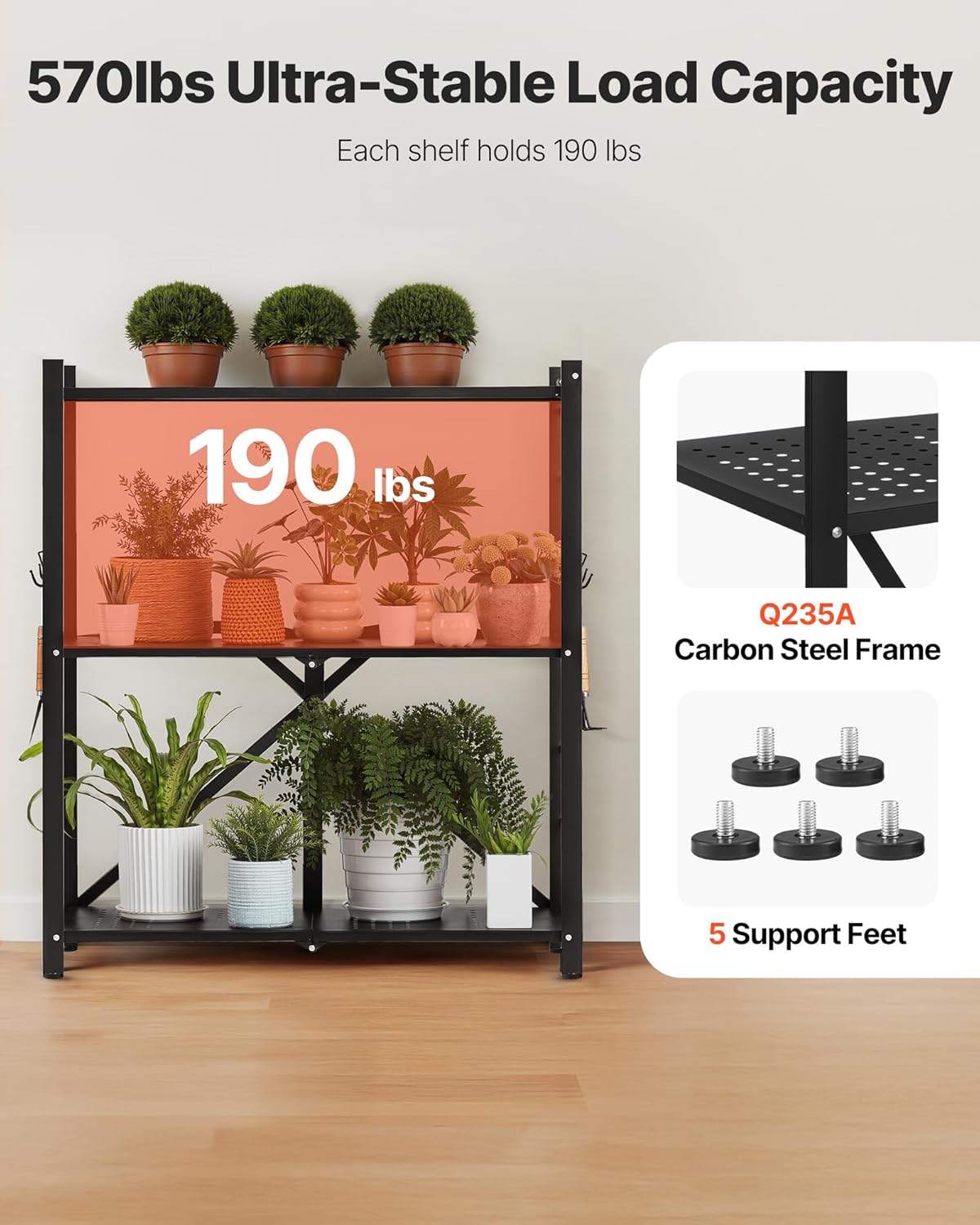 VEVOR 3-Tier Foldable Storage Shelf, 30W x 13D x 36H Inch Folding Metal Rack Shelving Unit, No Assembly Organizer Shelf with 5 Wheels & 4 Hooks for Pantry, Kitchen, Garage, Basement, Black