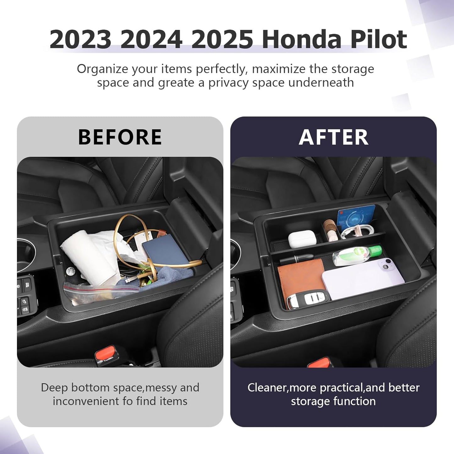 Center Console Organizer Compatible with 2023 2024 2025 Honda Pilot & 2024 2025 Ridgeline & 2024 2025 2026 Honda Passport Accessories Armrest Console Organizer Armrest Organizer Insert Tray (Black B)